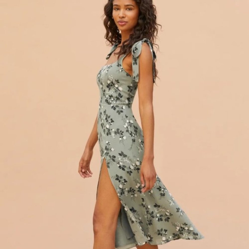 NWOT Reformation Twilight Dress in Verde Green White Floral Midi Tie Straps - Picture 6 of 14